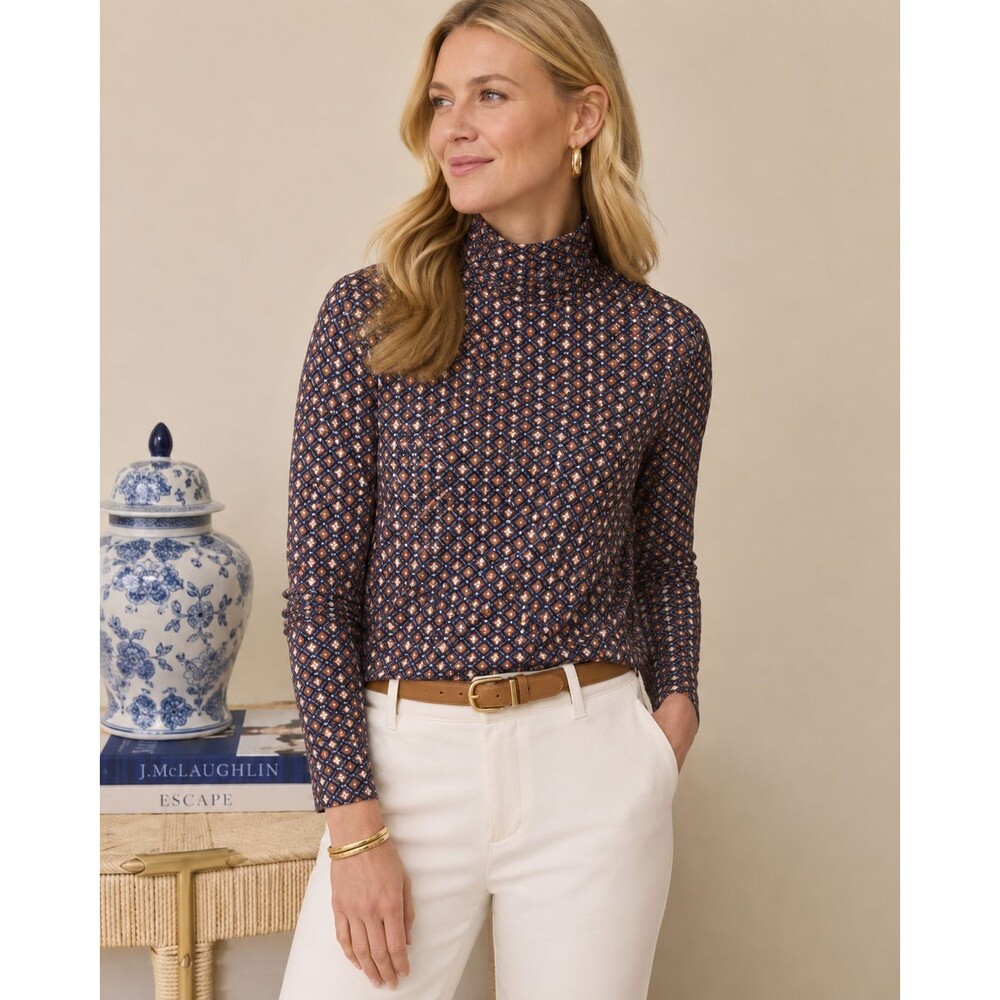 J.McLaughlin Women's XL Geometric Print Turtleneck Stretch Knit Top Blue Brown